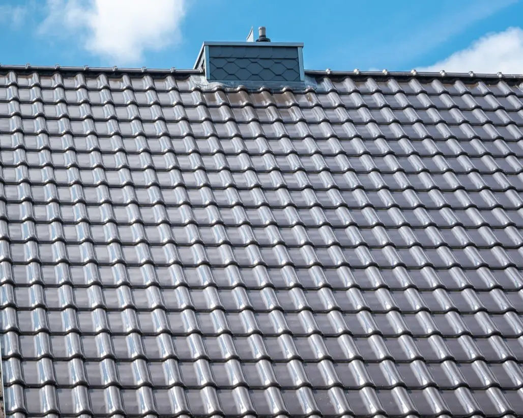 Tiled roof with blue sky background.