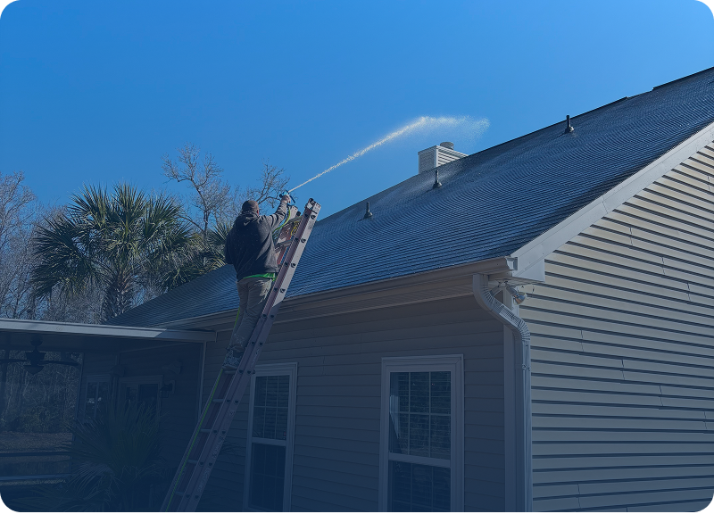 Person on ladder cleaning house roof with pressure washer.