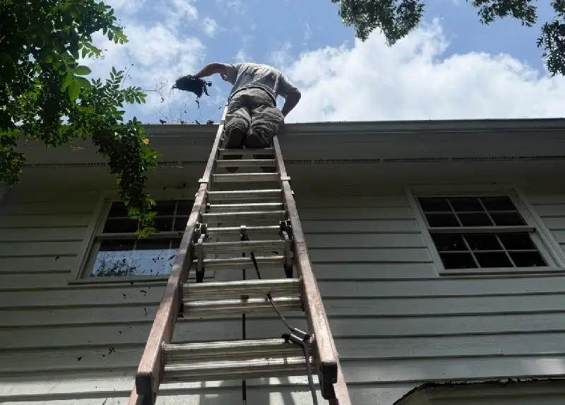 Person climbing a tall ladder to a roof under a partly cloudy sky.