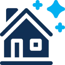 Clean house icon with blue sparkles.